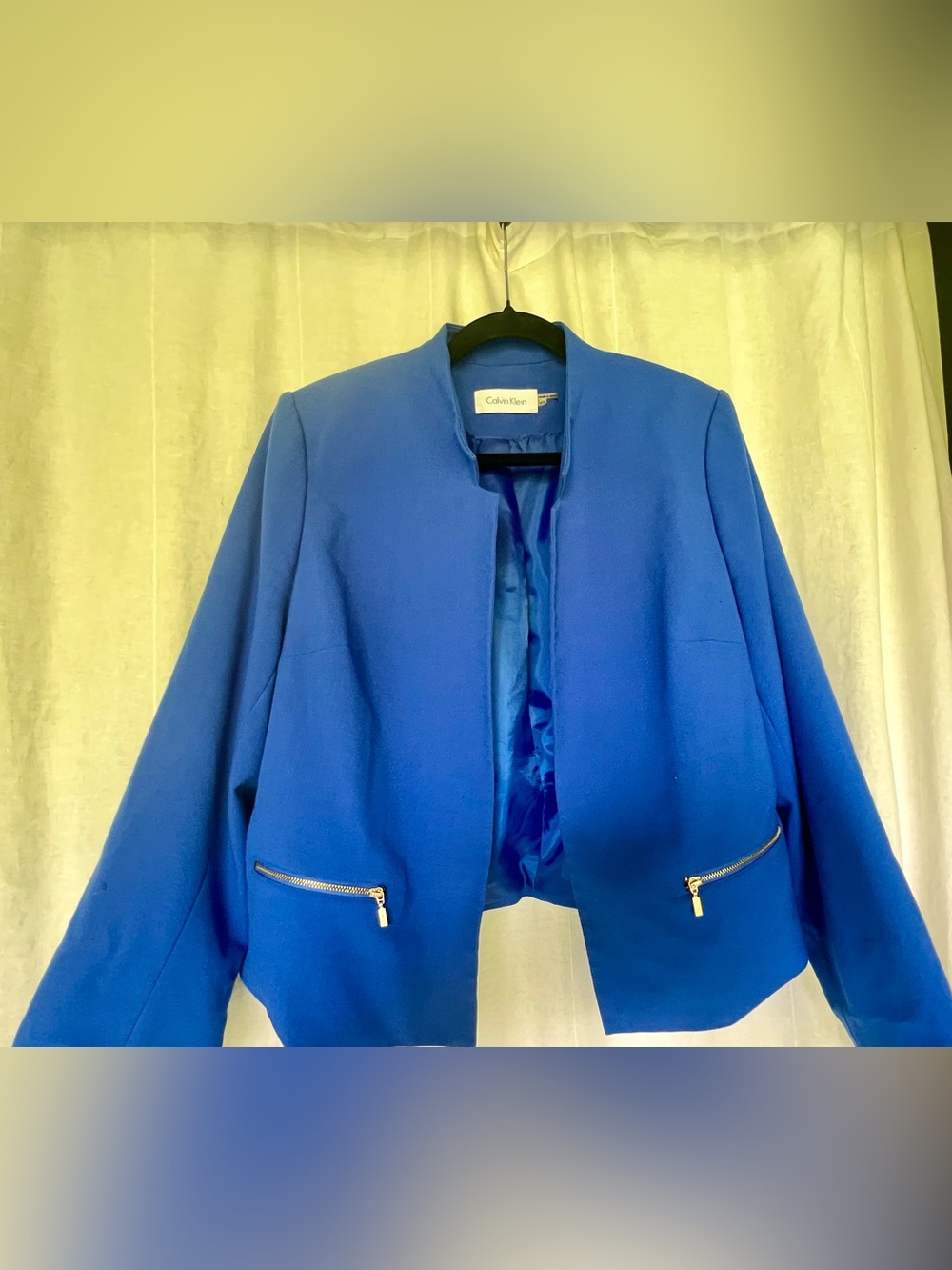 Calvin Klein Women's Cobalt Blue Collarless Zip-Pocket Blazer